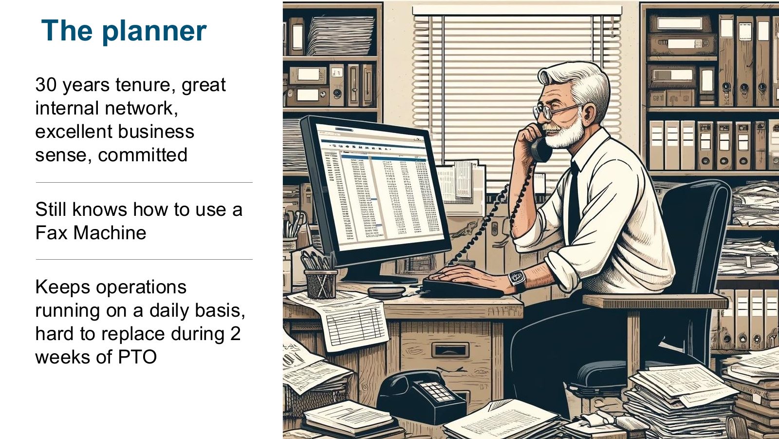 Illustration of an experienced planner at a desk with fax machine